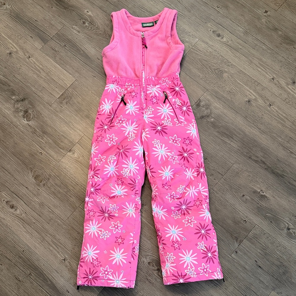 L.L. Bean Pink Floral Girls Ski Bibs